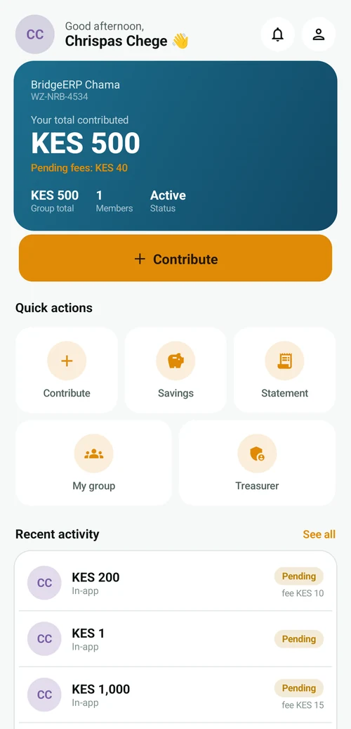 Wazi app — member home and balance